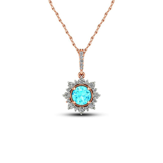 5.0mm Aquamarine and 0.07 CT. T.W. Natural Diamond Sun Frame Antique Vintage-Style Pendant in 10K Rose Gold