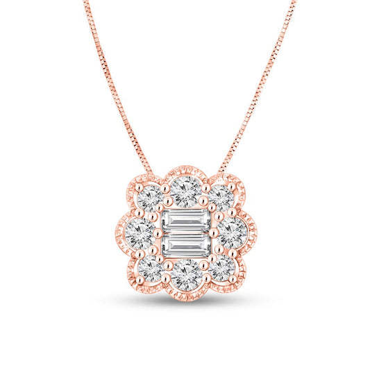 0.5 CT. T.W. Composite Baguette and Round Natural Diamond Scallop Antique Vintage-Style Frame Pendant in 10K Rose Gold