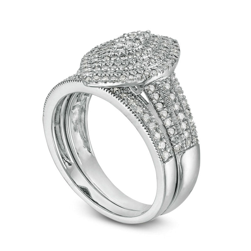 0.75 CT. T.W. Composite Natural Diamond Triple Marquise Frame Antique Vintage-Style Multi-Row Bridal Engagement Ring Set in Solid 10K White Gold
