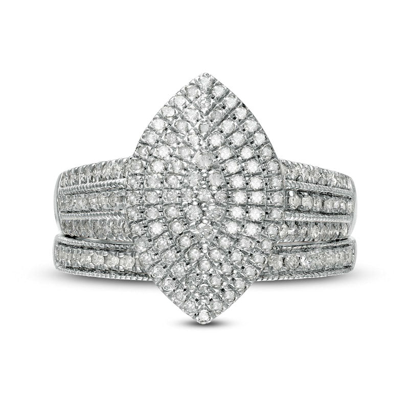 0.75 CT. T.W. Composite Natural Diamond Triple Marquise Frame Antique Vintage-Style Multi-Row Bridal Engagement Ring Set in Solid 10K White Gold