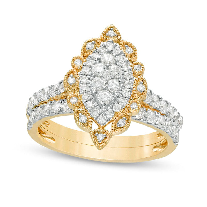 1.0 CT. T.W. Composite Natural Diamond Scallop Marquise Frame Antique Vintage-Style Bridal Engagement Ring Set in Solid 10K Yellow Gold
