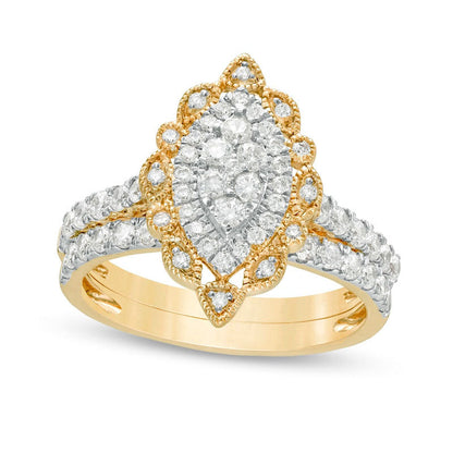1.0 CT. T.W. Composite Natural Diamond Scallop Marquise Frame Antique Vintage-Style Bridal Engagement Ring Set in Solid 10K Yellow Gold