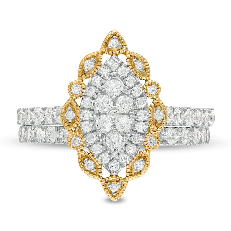 1.0 CT. T.W. Composite Natural Diamond Scallop Marquise Frame Antique Vintage-Style Bridal Engagement Ring Set in Solid 10K Yellow Gold