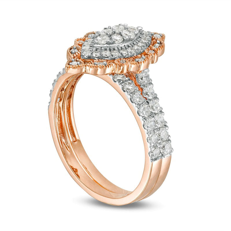 1.0 CT. T.W. Composite Natural Diamond Scallop Marquise Frame Antique Vintage-Style Bridal Engagement Ring Set in Solid 10K Rose Gold