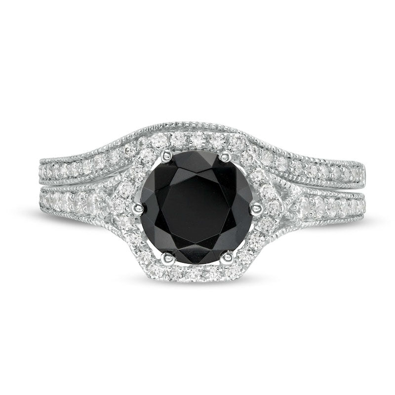 7.0mm Lab-Created Black Sapphire and 0.38 CT. T.W. Diamond Hexagonal Frame Antique Vintage-Style Bridal Engagement Ring Set in Solid 10K White Gold