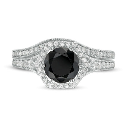 7.0mm Lab-Created Black Sapphire and 0.38 CT. T.W. Diamond Hexagonal Frame Antique Vintage-Style Bridal Engagement Ring Set in Solid 10K White Gold