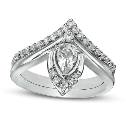 Pear-Shaped Lab-Created White Sapphire and 0.33 CT. T.W. Diamond Chevron Bridal Engagement Ring Set in Solid 10K White Gold