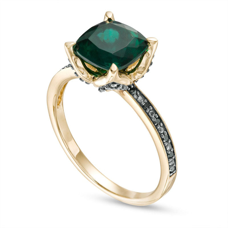 8.0mm Cushion-Cut Lab-Created Emerald and 0.05 CT. T.W. Enhanced Black Diamond Flower Engagement Ring in Solid 10K Yellow Gold