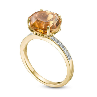 10.0mm Octagonal Citrine and 0.10 CT. T.W. Natural Diamond Flower Ring in Solid 10K Yellow Gold