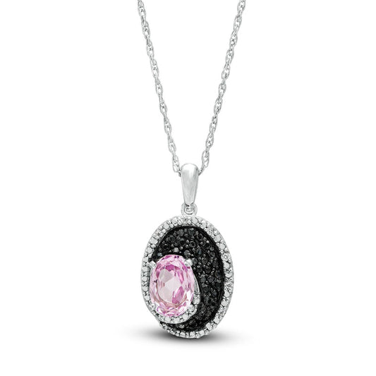 Oval lab-Created Pink Sapphire and 0.1 CT. T.W. White and Enhanced Black Natural Diamond Pendant in Sterling Silver