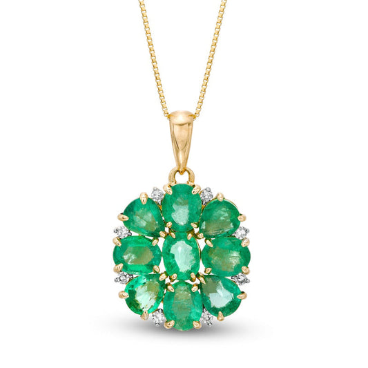 Oval and Pear-Shaped Emerald and 0.05 CT. T.W. Natural Diamond Flower Pendant in 10K Yellow Gold