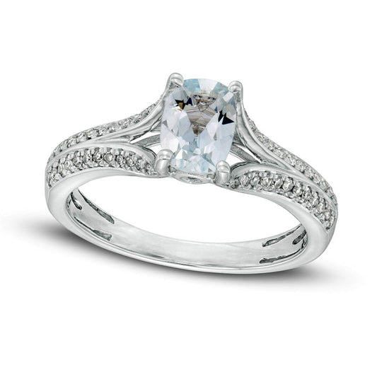 Cushion-Cut Aquamarine and 0.17 CT. T.W. Natural Diamond Double Row Split Shank Ring in Solid 10K White Gold