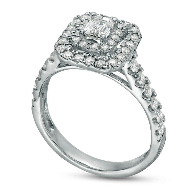 1.0 CT. T.W. Emerald-Cut Natural Diamond Double Frame Engagement Ring in Solid 14K White Gold