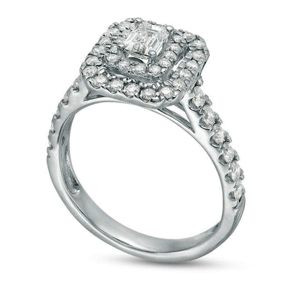 1.0 CT. T.W. Emerald-Cut Natural Diamond Double Frame Engagement Ring in Solid 14K White Gold