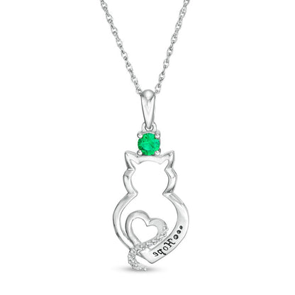 Simulated Birthstone and Natural Diamond Accent Engravable Cat Outline and Heart Pendant in Sterling Silver (1 Stone and Line)