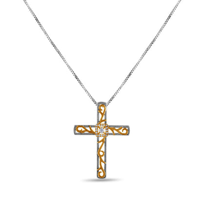 0.1 CT. T.W. Natural Diamond Ornate Cross Pendant in 10K Two-Tone Gold