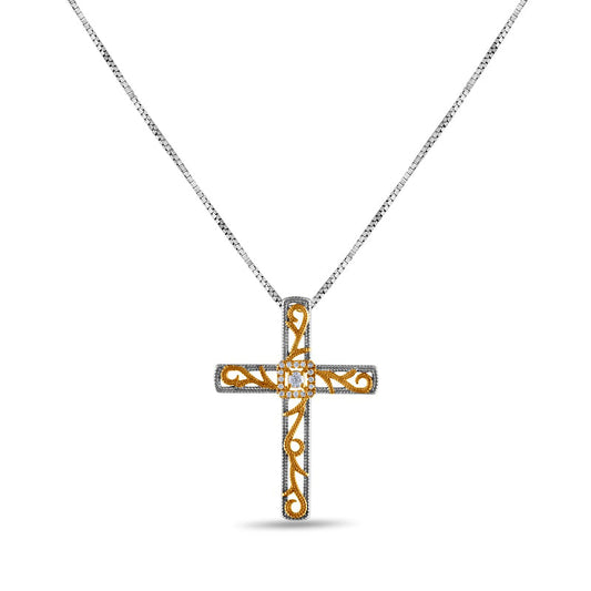 0.1 CT. T.W. Natural Diamond Ornate Cross Pendant in 10K Two-Tone Gold