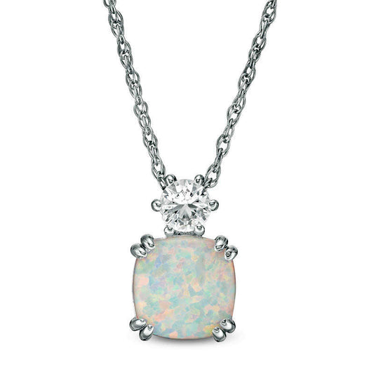 8.0mm Cushion-Cut Lab-Created Opal and White Sapphire Pendant in Sterling Silver
