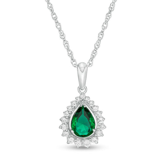 Pear-Shaped Lab-Created Emerald and White Sapphire Shadow Frame Pendant in Sterling Silver