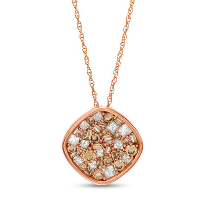 1 CT. T.W. Champagne and White Composite Natural Diamond Tilted Cushion Pendant in 10K Rose Gold