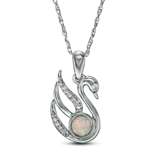 4.0mm Lab-Created Opal and Diamond Accent Swan Pendant in Sterling Silver