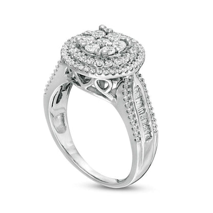 1.0 CT. T.W. Baguette and Round Natural Diamond Double Frame Multi-Row Engagement Ring in Solid 10K White Gold
