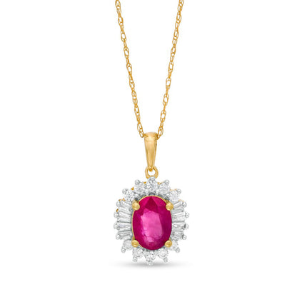 Oval Ruby and 0.2 CT. T.W. Baguette and Round Natural Diamond Starburst Frame Pendant in 10K Yellow Gold