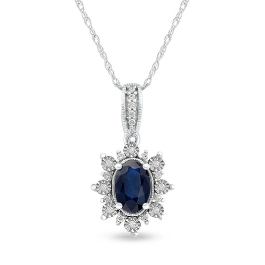 Oval Blue Sapphire and 0.07 CT. T.W. Natural Diamond Sunburst Frame Antique Vintage-Style Drop Pendant in 10K White Gold