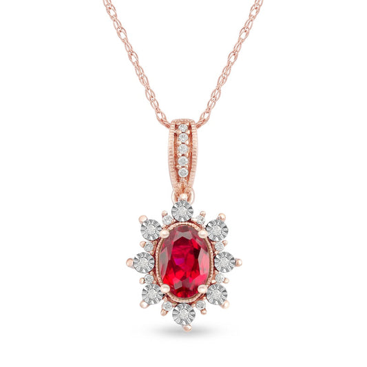 Oval Ruby and 0.07 CT. T.W. Natural Diamond Sunburst Frame Antique Vintage-Style Drop Pendant in 10K Rose Gold