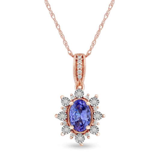 Oval Tanzanite and 0.07 CT. T.W. Natural Diamond Sunburst Frame Antique Vintage-Style Drop Pendant in 10K Rose Gold