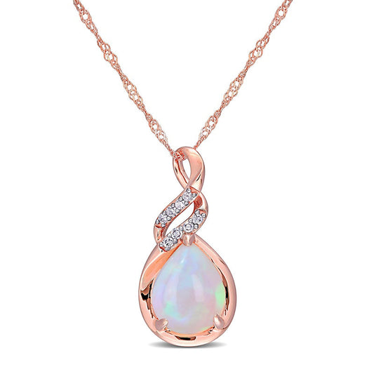 Pear-Shaped Opal and 0.05 CT. T.W. Natural Diamond Cascading Teardrop Pendant in 10K Rose Gold - 17"