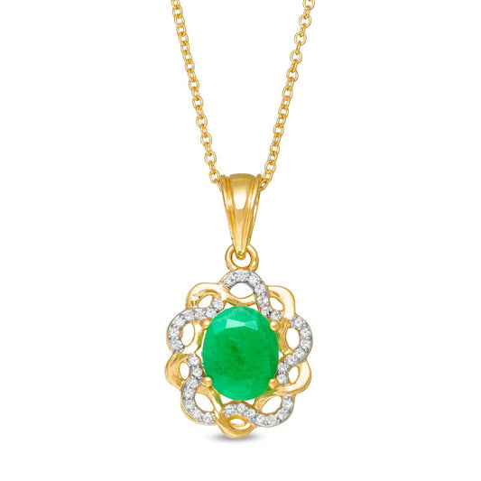 Oval Emerald and White Topaz Twist Frame Drop Pendant in Sterling Silver with 14K Gold Plate