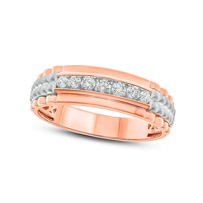 Men's 0.33 CT. T.W. Natural Diamond Ribbed Shank Wedding Band in Solid 10K Two-Tone Gold