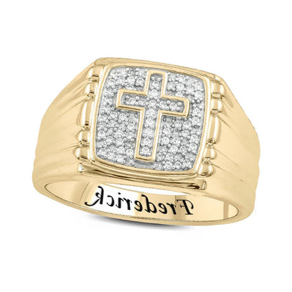 Men's 0.17 CT. T.W. Natural Diamond Cross Engravable Signet Ring in Solid 10K Yellow Gold (1 Line)