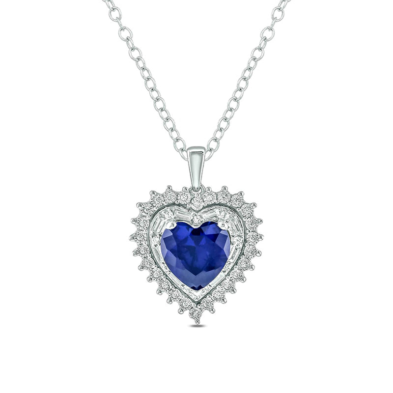 8.0mm Lab-Created Blue Sapphire and 0.2 CT. T.W. Diamond Starburst Double Frame Heart Pendant in Sterling Silver
