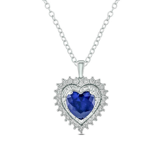 8.0mm Lab-Created Blue Sapphire and 0.2 CT. T.W. Diamond Starburst Double Frame Heart Pendant in Sterling Silver