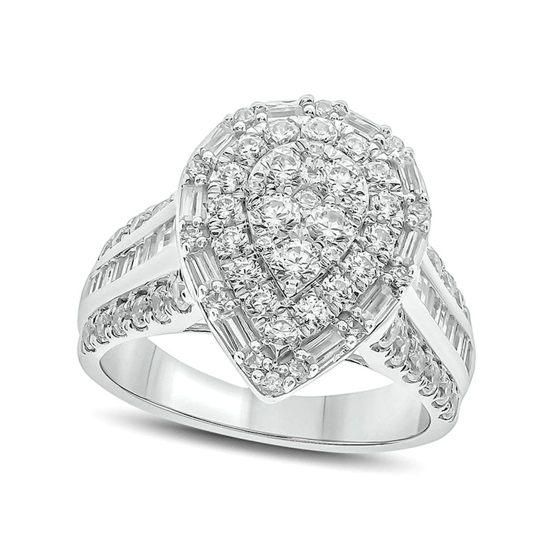 2.0 CT. T.W. Baguette and Round Composite Natural Diamond Teardrop Frame Multi-Row Engagement Ring in Solid 10K White Gold