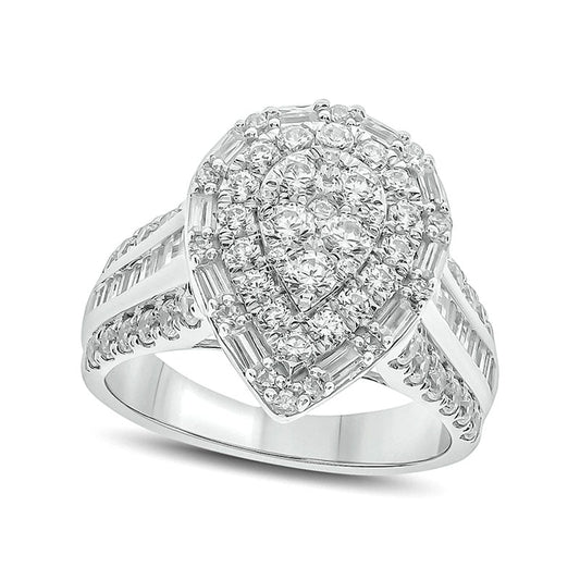 2.0 CT. T.W. Baguette and Round Composite Natural Diamond Teardrop Frame Multi-Row Engagement Ring in Solid 10K White Gold