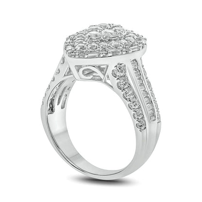 2.0 CT. T.W. Baguette and Round Composite Natural Diamond Teardrop Frame Multi-Row Engagement Ring in Solid 10K White Gold