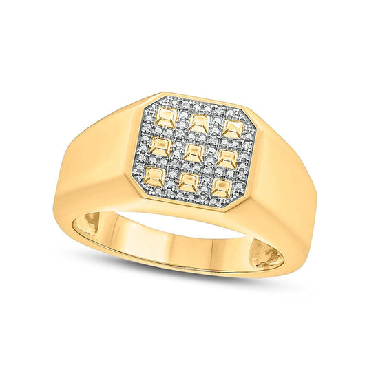 Men's Natural Diamond Accent Grid Pattern Octagonal Signet Ring in Sterling Silver with Solid 14K Gold Plate