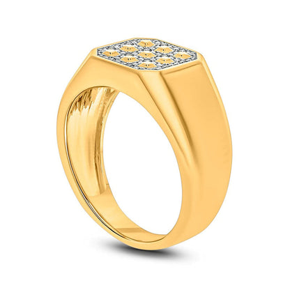 Men's Natural Diamond Accent Grid Pattern Octagonal Signet Ring in Sterling Silver with Solid 14K Gold Plate