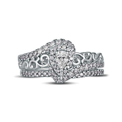 0.63 CT. T.W. Pear-Shaped Natural Diamond Frame Filigree Bypass Bridal Engagement Ring Set in Solid 10K White Gold