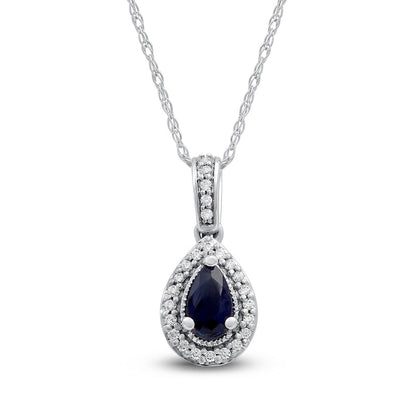 Pear-Shaped Blue Sapphire and 0.05 CT. T.W. Natural Diamond Frame Antique Vintage-Style Drop Pendant in 10K White Gold