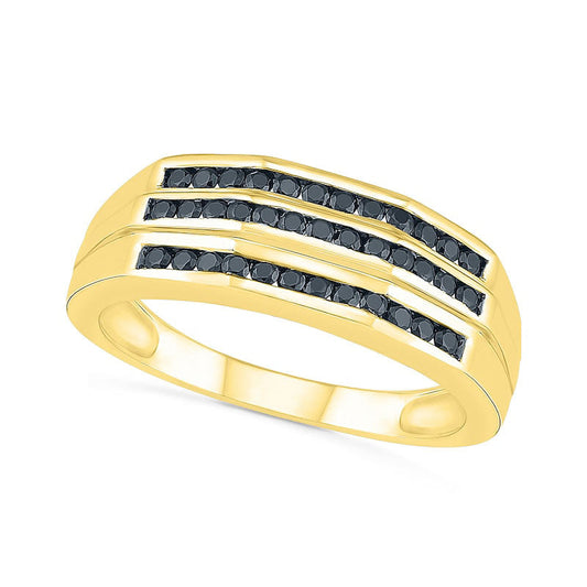 Men's 0.50 CT. T.W. Enhanced Black Natural Diamond Triple Row Wedding Band in Solid 10K Yellow Gold