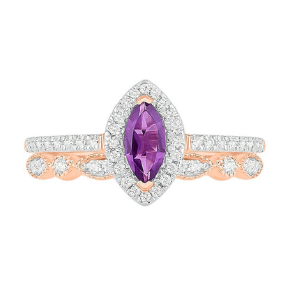 Marquise Amethyst and Lab-Created White Sapphire Frame Antique Vintage-Style Bridal Engagement Ring Set in Solid 10K Rose Gold