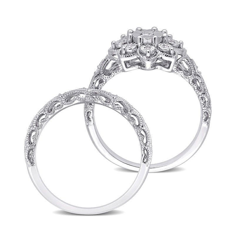 0.10 CT. T.W. Natural Diamond Flower Frame Antique Vintage-Style Bridal Engagement Ring Set in Sterling Silver