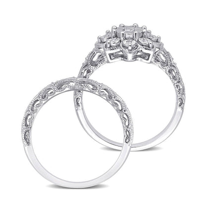 0.10 CT. T.W. Natural Diamond Flower Frame Antique Vintage-Style Bridal Engagement Ring Set in Sterling Silver