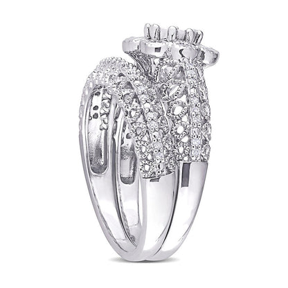 0.17 CT. T.W. Natural Diamond Flower Frame Antique Vintage-Style Bridal Engagement Ring Set in Sterling Silver