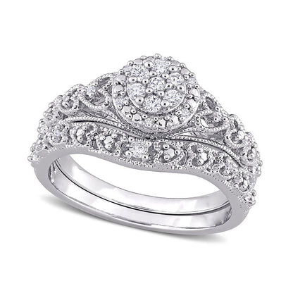 0.20 CT. T.W. Composite Natural Diamond Frame Antique Vintage-Style Bridal Engagement Ring Set in Sterling Silver
