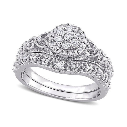 0.20 CT. T.W. Composite Natural Diamond Frame Antique Vintage-Style Bridal Engagement Ring Set in Sterling Silver